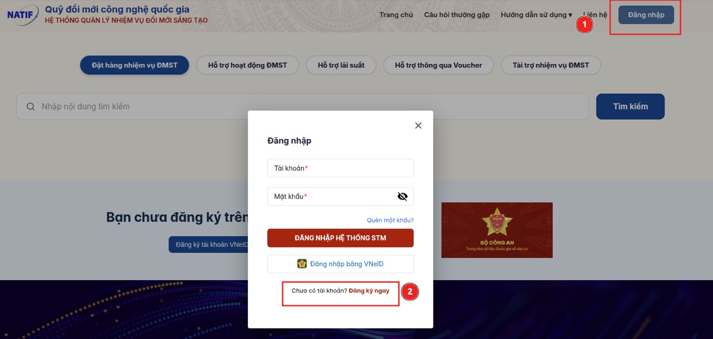 Bấm Đăng nhập rồi chọn Đăng ký ngay để tạo tài khoản