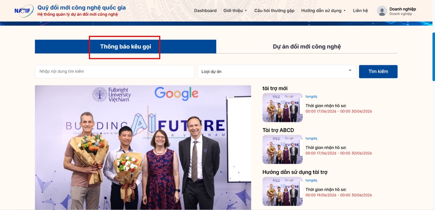 Trang chủ hệ thống hiển thị các thông báo kêu gọi theo loại hình