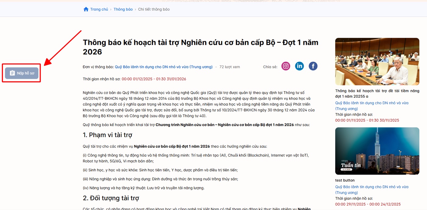 Bài viết thông báo kêu gọi — nút Nộp hồ sơ