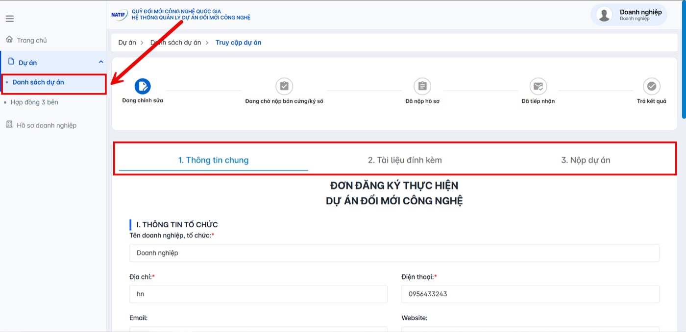 Tab 1 — Thông tin chung / Đơn đăng ký thực hiện dự án