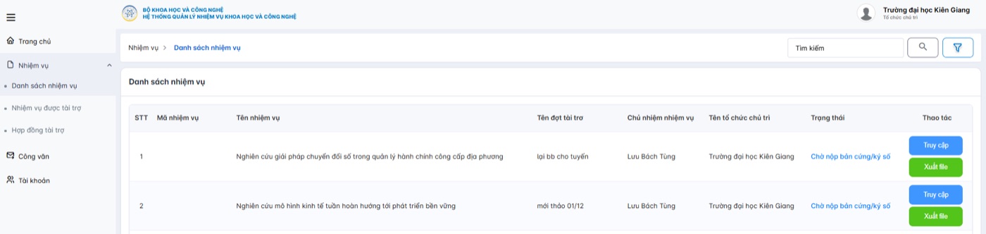 Danh sách nhiệm vụ/dự án và trạng thái xử lý